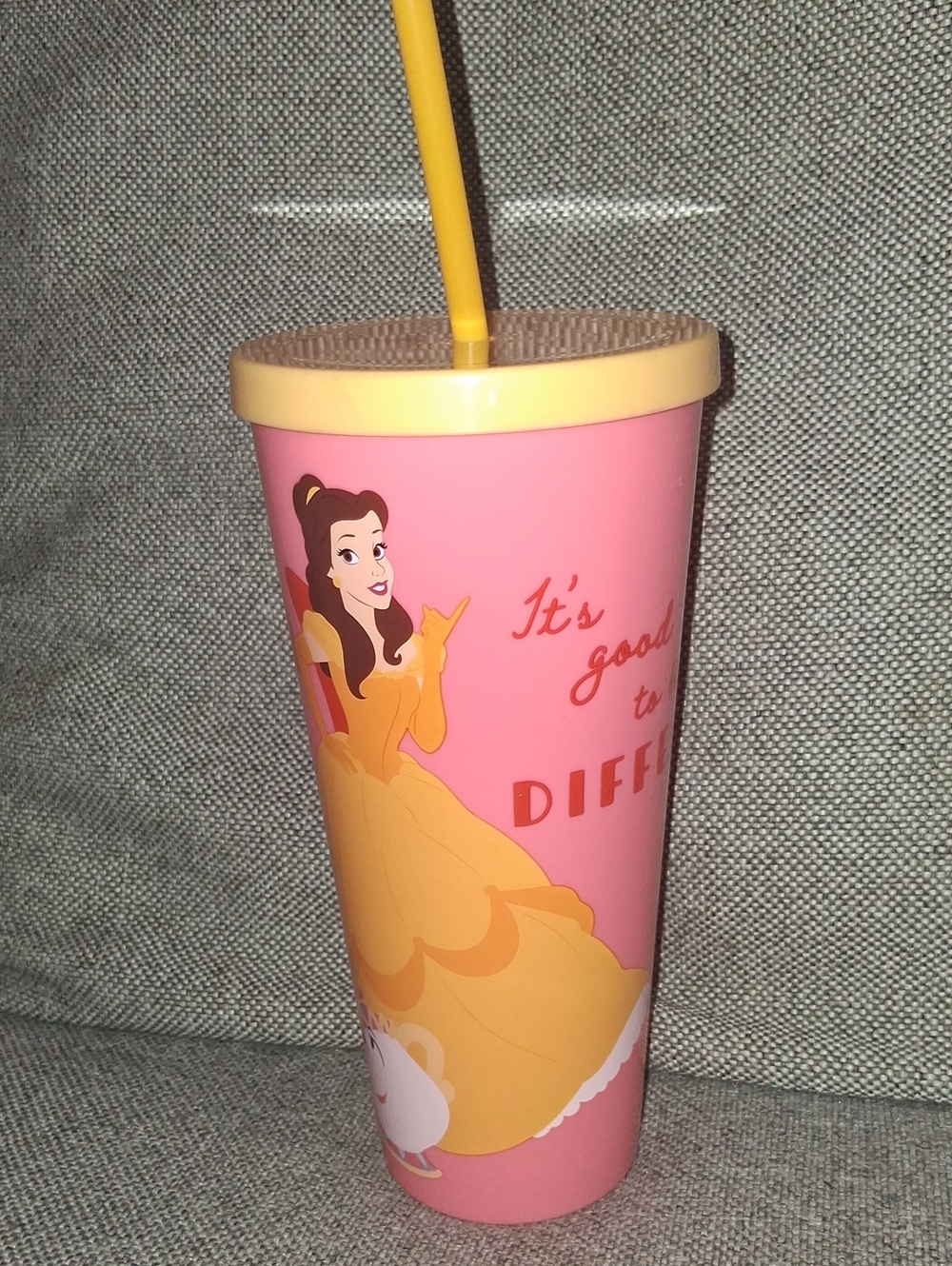 Disney Belle Pink Tumbler with Yellow Lid and Straw
